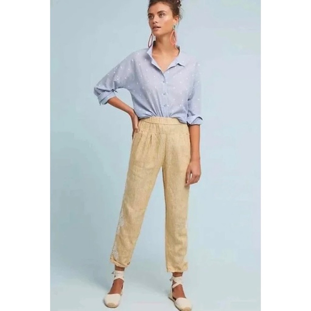 ANTHROPOLOGIE Linen Striped Floral Embroidered Pants Elastic Waist Medium